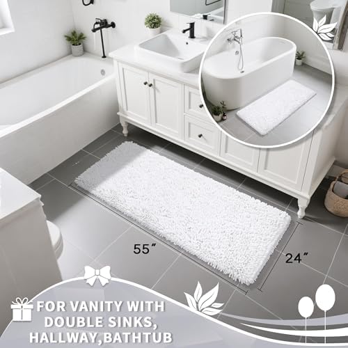 Yimobra Long Bathroom Rugs Runner 55x24 Inch, Extra Thick Soft Absorbent Chenille Bath Mat, Non Slip Machine Washable, Quick Dry Bath Rugs for Bathroom Floor, Tub and Shower, White