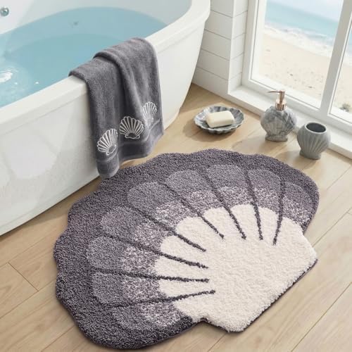 DEXI Cute Seashell Bath Mat, Coastal Scallop Bathroom Rug, 31x24 Grey