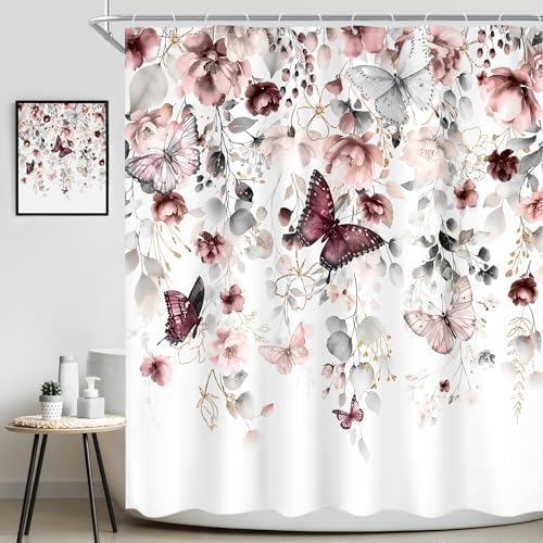 Grey Pink Floral Butterfly Spring Summer Bathroom Shower Curtain Set
