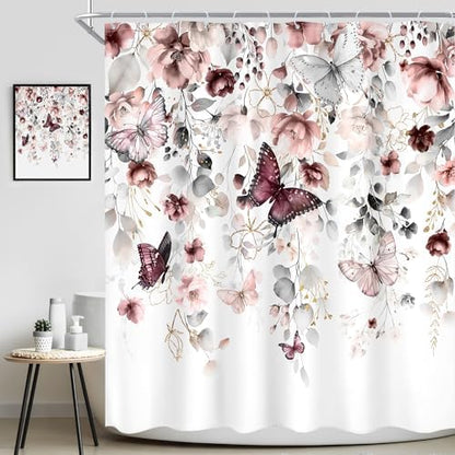 Grey Pink Floral Butterfly Spring Summer Bathroom Shower Curtain Set