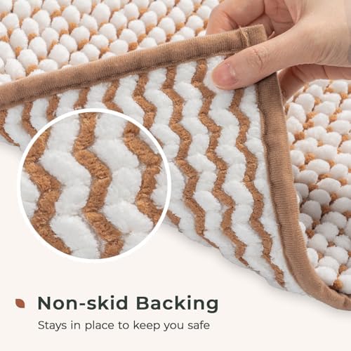 FRESHMINT Chenille Bath Rugs Set 2 Piece, White & Brown, 17"x24"+20"x32"