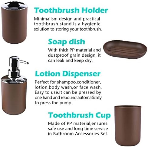 Compact 6-Piece Plastic Bathroom Accessories Set with Small Trash Can, Soap Dispenser, Toothbrush Holder, Cup, Soap Dish, Toilet Brush for Guest Bathroom Dorm Apartment (Coffee)