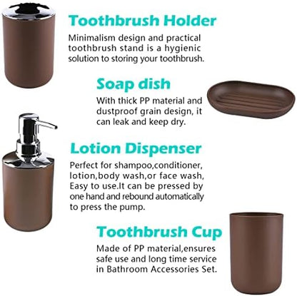 Compact 6-Piece Plastic Bathroom Accessories Set with Small Trash Can, Soap Dispenser, Toothbrush Holder, Cup, Soap Dish, Toilet Brush for Guest Bathroom Dorm Apartment (Coffee)