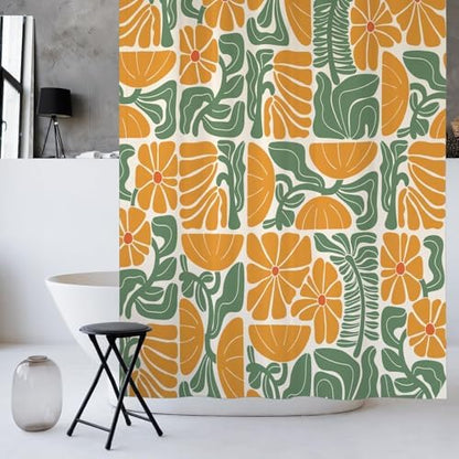 Mid Century Matisse Orange Green Floral Shower Curtain 72x72 Inches