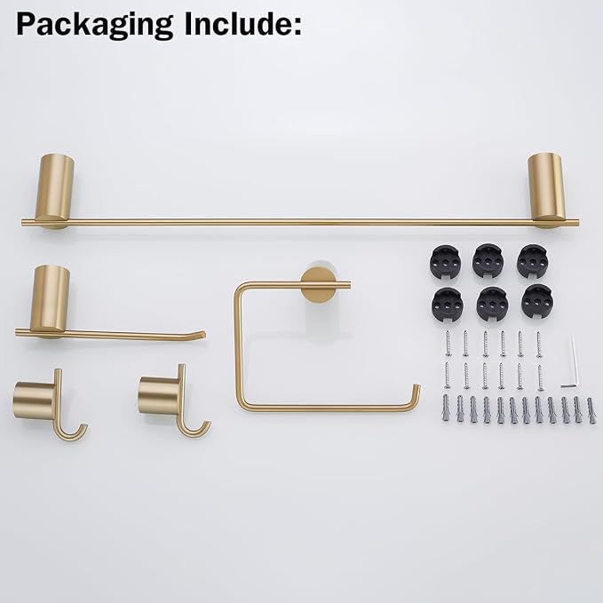 RANDOM Brushed Gold Bathroom Hardware Set 5 Pieces Include 24 inch Towel Bar Towel Ring Toilet Paper Holder Towel Hook for Bathroom,SUS304 Stainless Steel.RD96068S-5BG-2