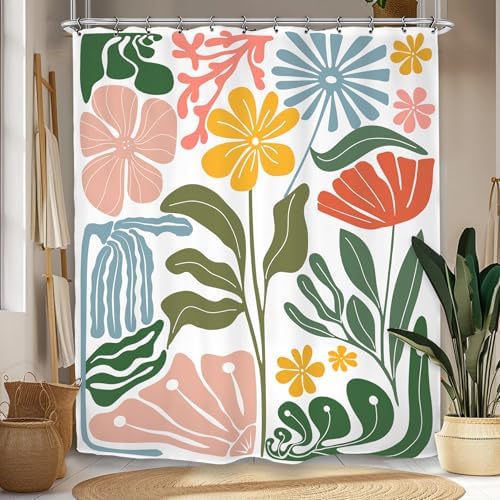 Colorful Abstract Flower Shower Curtain 60Wx72L Inch Minimalist Contemporary Matisse Funky Groovy Art Aesthetic Spring Bathroom Set Accessories Decor with 12 Pack Hooks