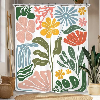 Colorful Abstract Flower Shower Curtain 60Wx72L Inch Minimalist Contemporary Matisse Funky Groovy Art Aesthetic Spring Bathroom Set Accessories Decor with 12 Pack Hooks