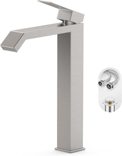 Brushed Nickle Single Hole Above Counter Sink Bathroom Faucet,Single Handle Square Tall Bathroom Vessel Faucet with Waterfall and Pop Up Drain Without Overflow,FH05-BN-V