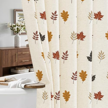 ORTIGIA Fall Linen Shower Curtain Maple Leaf Farmhouse Vintage Autumn Orange Terracotta Shower Curtains Modern Boho Rustic Block Print Cottagecore Decor for Bathroom 72 W x 72 L