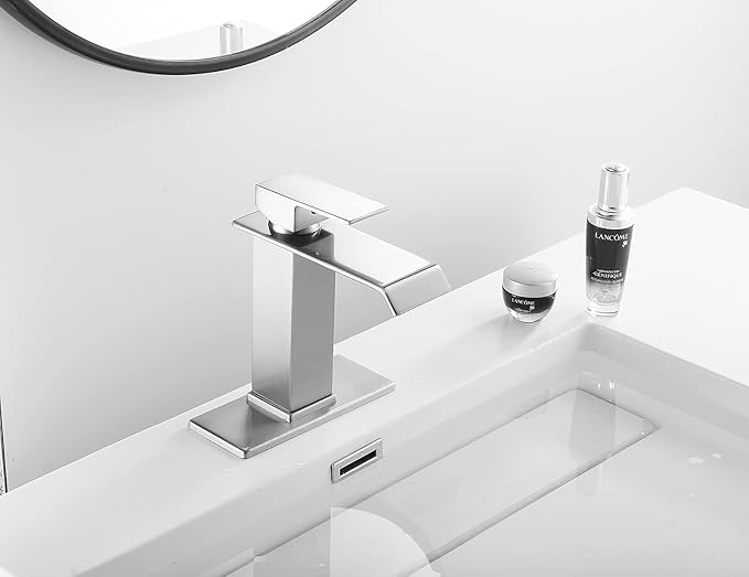 Bathroom Faucet Brushed Nickel Waterfall with Pop Up Drain Overflow Stopper Single Hole Vanity Sink Bath Lavatory One Handle Basin Mixer Tap with Supply Line Commercial Deck Mount
