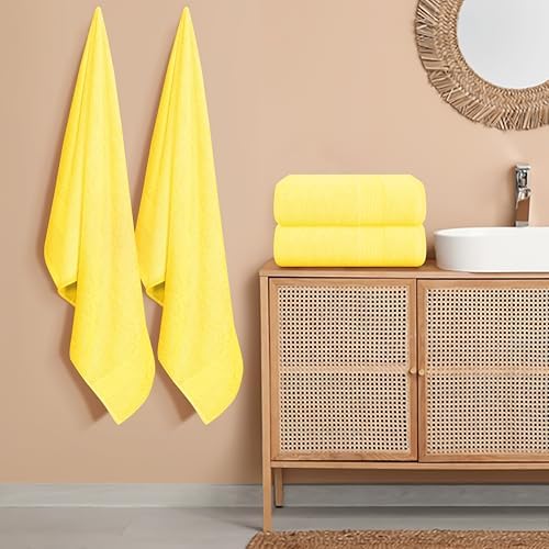 Belizzi Home 4 Pack Bath Towel Set 27x54, 100% Ring Spun Cotton, Ultra Soft Highly Absorbent Machine Washable Hotel Spa Quality Bath Towels for Bathroom, 4 Bath Towels - Lime Yellow