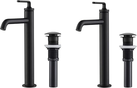 KRAUS Ramus Single Handle Vessel Sink Bathroom Faucet with Pop-Up Drain in Matte Black, KVF-1220MB-2PK