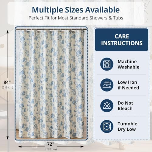 Warmstar Farmhouse Shower Curtain,Blue Floral Shower Curtain for Bathroom Linen Look Vintage Shower Curtain with Weighted Hem,72" W x 84" L