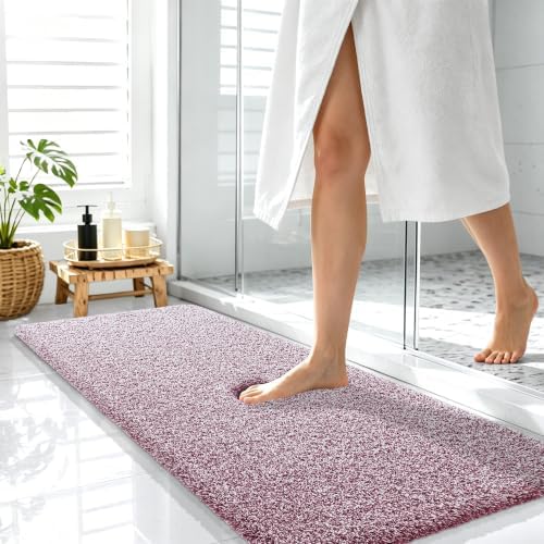 OLANLY Microfiber Bathroom Rugs 47x17, Quick Dry Mat, Burgundy and White