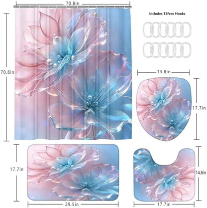 DDQQ 4 Pcs Floral Shower Curtain Set Pink Blue Bathroom Sets with Shower Curtain and Rugs, Flowers Pearl Shower Curtain Set, Lotus Bathroom Decor Set, Bathroom Rugs Set Toilet Lid Cover Hooks
