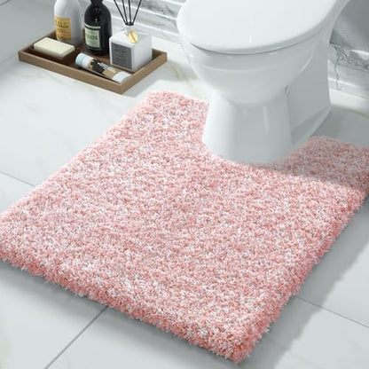 Yimobra Toilet Rugs U Shaped Washable 24X20, Ultra Soft and Water Absorbent Bath Mats, Non Slip Fluffy Shaggy Luxury Microfiber Contour Bath Rugs for Toilet, Dry Quick, Light Pink and White