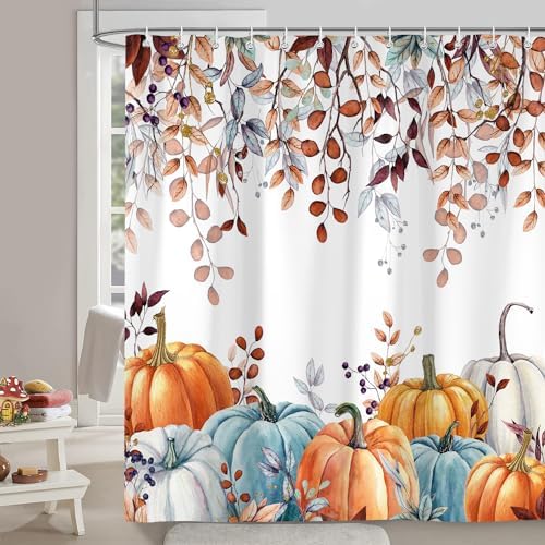 Fall Shower Curtains for Bathroom, Thanksgiving Pumpkins Autumn Eucalyptus Leaves Shower Curtain Set with Hooks, Blue Orange Waterproof Fabric Fall Bathroom Decor Accessories, 60 x 72 Inch