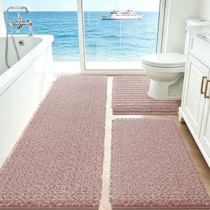 ACCUMTEK Upgrade Extra Large Dusty Pink Bathroom Rug Set 3 Pieces Ultra Soft, Thick Absorbent Bath Mats, Non Slip Chenille Toilet Mat for Bathroom, Bedroom, Kitchen