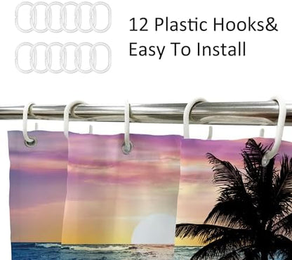 Ocean Coastal Sunrise Beach Tropical Palm Tree Bathroom Shower Curtain Set