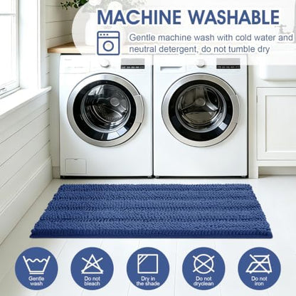 Striped Denim Blue Bathroom Rug Set 3 Pieces Ultra Soft, Non Slip Chenille Bath Carpet, Absorbent Plush Shaggy Bath Mats for Bathroom, Toilet, Bedroom, Kitchen