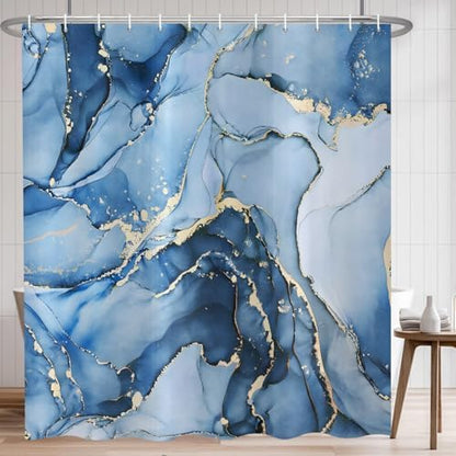 Blue Marble Shower Curtain, Modern Abstract Luxury Blue Gold Ink Texture Watercolor Art Bathroom Curtains Ombre Machine Washable Waterproof Fabric Bathtub Curtain Set with Hooks 60" Wx72 L