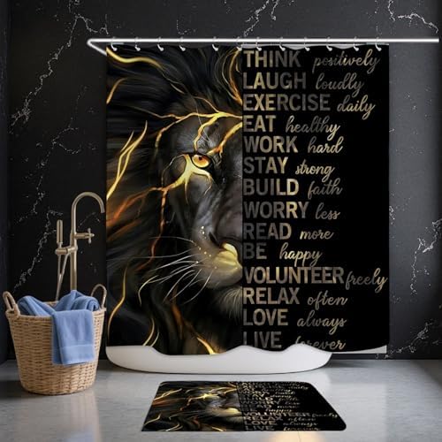 4 Pcs Black Gold Lion Shower Curtain Set with Rugs and Toilet Lid Cover