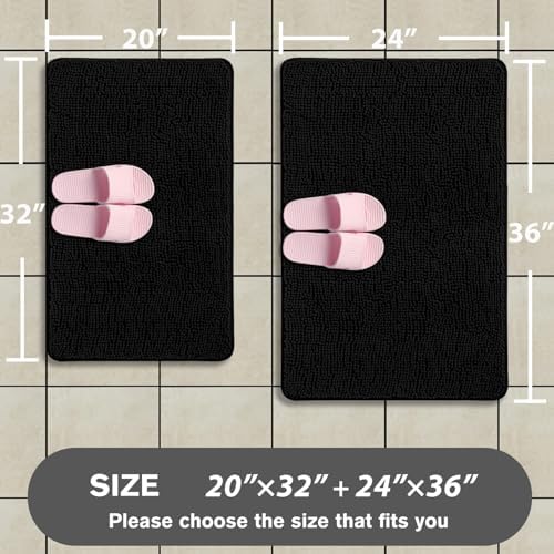 Black Bathroom Rugs Sets 2 Piece – Absorbent and Washable Bath Mat, Non-Slip, Thick Soft Chenille Bath Rugs for Bathroom Floor, Shower, Sink - 20" x 32"+24" x 36"