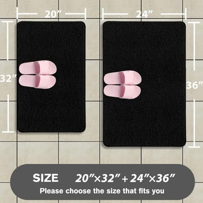 Black Bathroom Rugs Sets 2 Piece – Absorbent and Washable Bath Mat, Non-Slip, Thick Soft Chenille Bath Rugs for Bathroom Floor, Shower, Sink - 20" x 32"+24" x 36"
