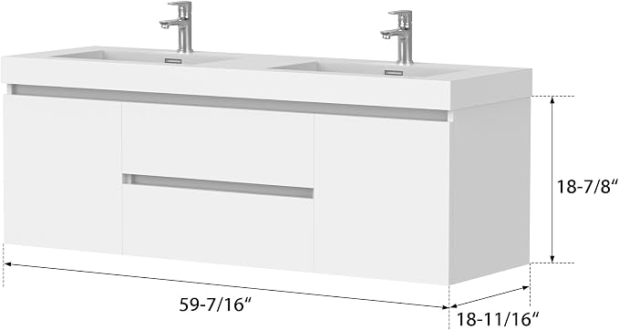 Vanity Art 60 Inch Double Sinks Wall Mounted Bathroom Vanity Set 2 Drawers 4 Shelves Storage Cabinet with White Engineered Stone Top Undermount Rectangle Sinks High-Glossy