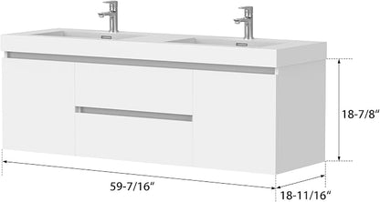 Vanity Art 60 Inch Double Sinks Wall Mounted Bathroom Vanity Set 2 Drawers 4 Shelves Storage Cabinet with White Engineered Stone Top Undermount Rectangle Sinks High-Glossy
