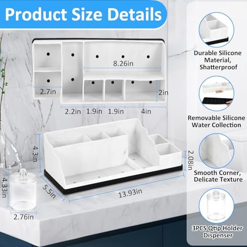Bathroom Counter Organizer, White Silicone Toothbrush Holders for Bathrooms Organizer Countertop with 3PCS Qtip Holder, Toothbrush and Toothpaste Holder for Bathroom Organization Storage Vanity