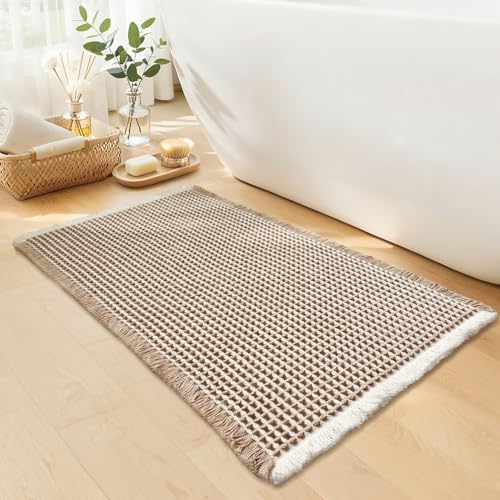 Waffle Bath Mat, Boho Bathroom Rugs Non Slip Washable, 20" x 32"
