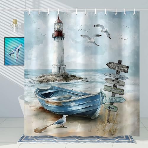 Nautical Coastal Shower Curtain, Ocean Beach Lighthouse Shower Curtain, Blue Teal Seasides Sailboat Bathroom Accessories Fabric Waterproof with Hooks, 72X72in