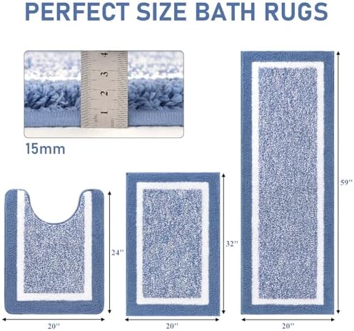 Pauwer Bathroom Rug Sets 3 Piece, Non Slip Washable Bath Mat, Blue