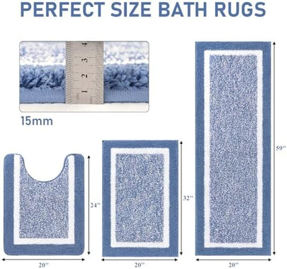 Pauwer Bathroom Rug Sets 3 Piece, Non Slip Washable Bath Mat, Blue