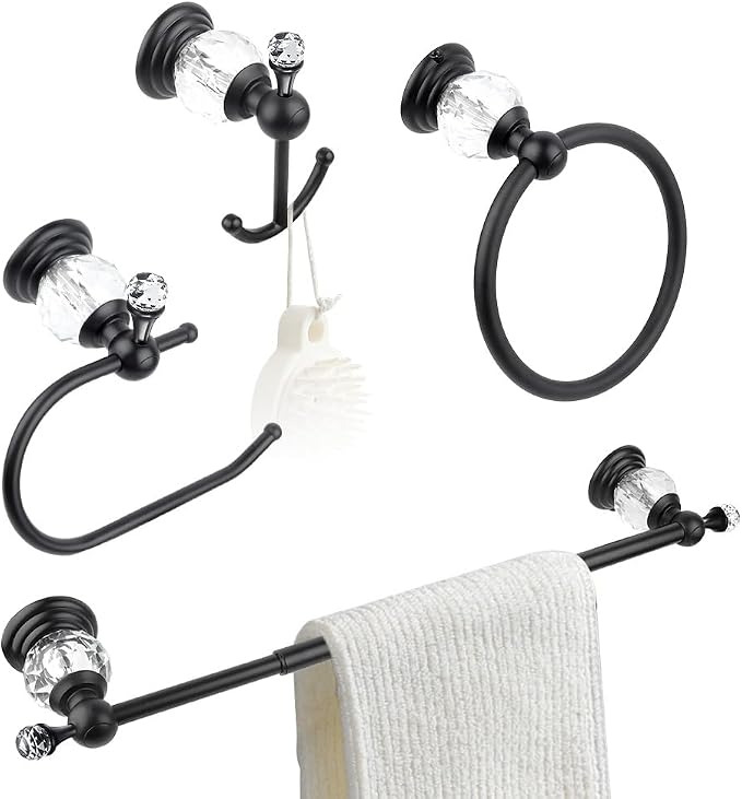 Black Crystal Bathroom Hardware Adjustable 24 Inch Towel Bar Set Toilet Paper Holder Towel Ring Coat Hooks Bathroom Accessories 4 Pieces Wall Mounted