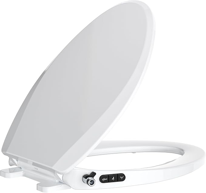 Bidet Toilet Seat, Soft Close Toilet Seat, Button control Feminine/Posterior Wash Switch, Knob Control Water Pressure,White Bidet Seat Attachment with Brass inlet (Elongated-D)