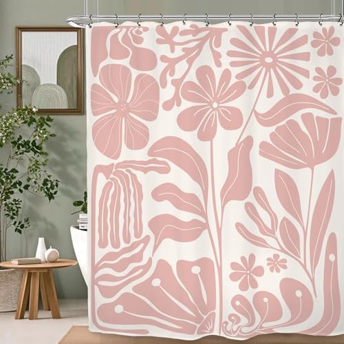 Pink Matisse Flower Shower Curtain 60Wx72L Inch Abstract Retro Aesthetic Minimalist Vintage Art 70s Trendy Modern Bathroom Set Accessories Decor with 12 Pack Hooks