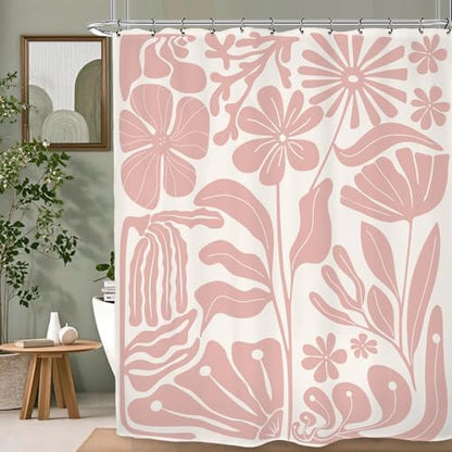 Pink Matisse Flower Shower Curtain 60Wx72L Inch Abstract Retro Aesthetic Minimalist Vintage Art 70s Trendy Modern Bathroom Set Accessories Decor with 12 Pack Hooks
