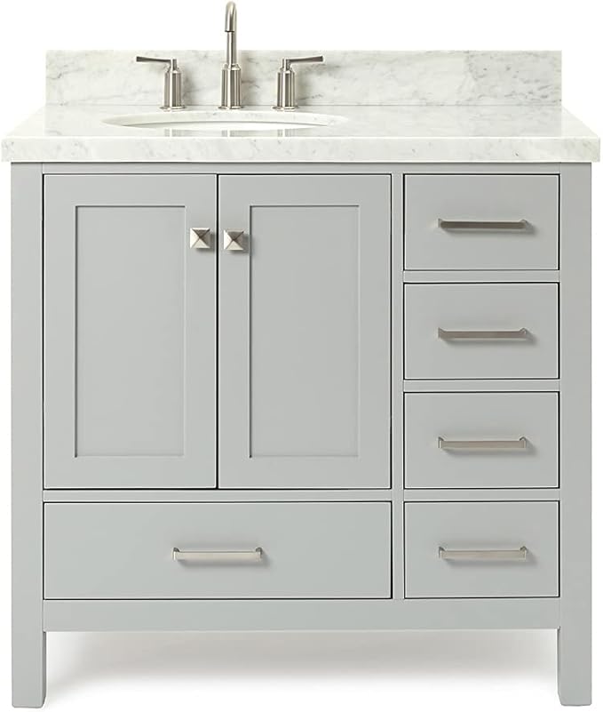 ARIEL Cambridge 36-inch Bathroom Vanity with Sink,Solid Wood, 1.5-inch Italian Carrara Marble Countertop & Backsplash, Single Oval Porcelain Sink, 2 Soft Closing Doors, 5 Dovetail Drawers, Grey