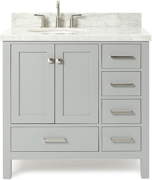 ARIEL Cambridge 36-inch Bathroom Vanity with Sink,Solid Wood, 1.5-inch Italian Carrara Marble Countertop & Backsplash, Single Oval Porcelain Sink, 2 Soft Closing Doors, 5 Dovetail Drawers, Grey