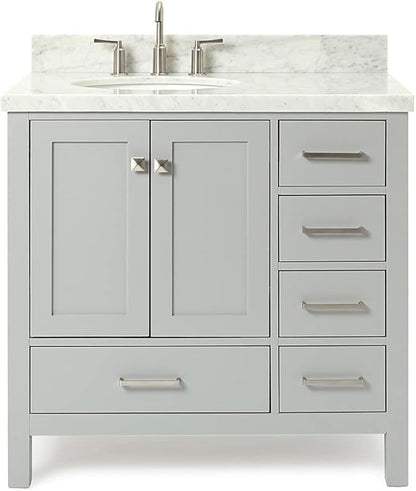 ARIEL Cambridge 36-inch Bathroom Vanity with Sink,Solid Wood, 1.5-inch Italian Carrara Marble Countertop & Backsplash, Single Oval Porcelain Sink, 2 Soft Closing Doors, 5 Dovetail Drawers, Grey