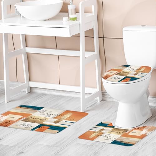 Beige Orange Blue Abstract Oil 4Pcs Bathroom Shower Curtain Set with Rugs