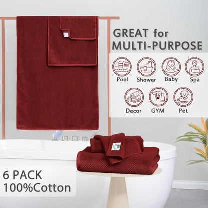VOOVA & MOVAS 6PC Towel Set, 100% Cotton, Burgundy Red