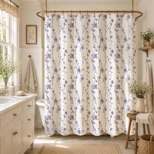 Gibelle Purple Farmhouse Linen Shower Curtain, Boho Floral Fabric, 72 x 84