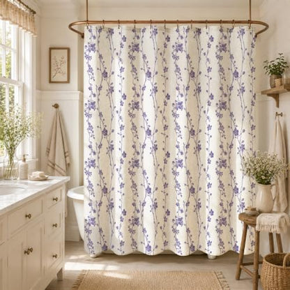 Gibelle Purple Farmhouse Linen Shower Curtain, Boho Floral Fabric, 72 x 72