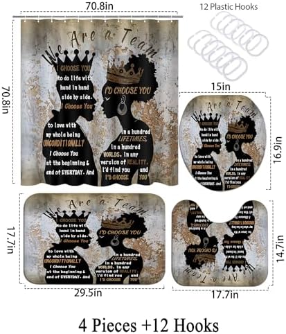 4Pcs Black Man Women Shower Curtain Set with Rugs Toilet Lid Cover Bath Mat, Romantic Couples Bathroom Decor Sets with Hooks, Waterproof Fabric King Queen Shower Curtains