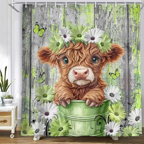Farmhouse Flower Floral Shower Curtain, Rustic Funny Highland Cow Daisy Shower Curtain Set, Country Wild Garden Plant Fabric, Brown Wooden Board Bathroom Accessories Curtains with Hooks 70X75in