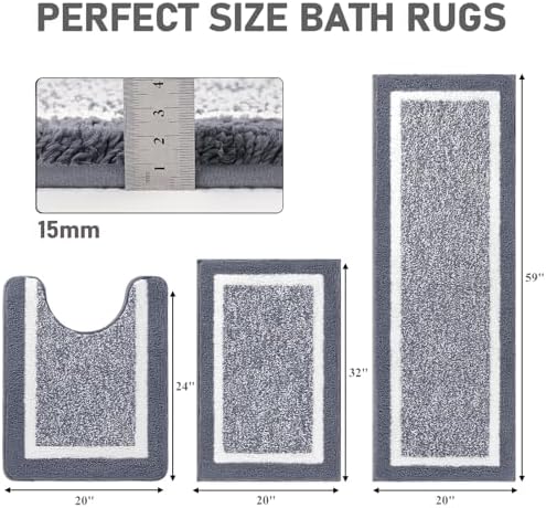 Pauwer Bathroom Rug Sets 3 Piece, Non Slip Washable Bath Mat, Dark Grey