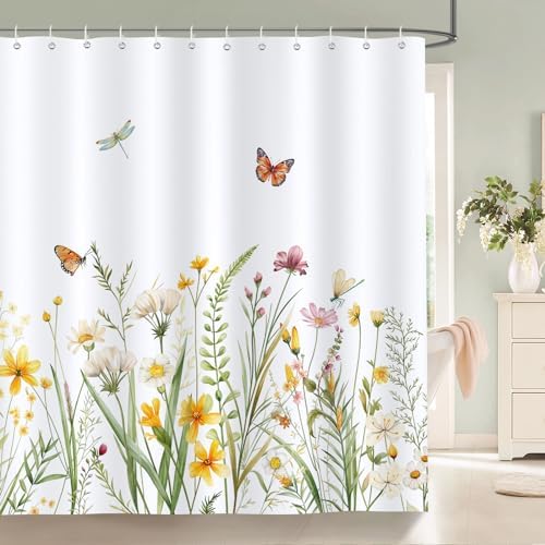 Bonhause Floral Shower Curtain, Yellow White Wildflower Plant Butterfly Spring Summer Bathroom Decor 72x72 Inch Polyester Fabric Waterproof Bath Curtain with 12 Hooks